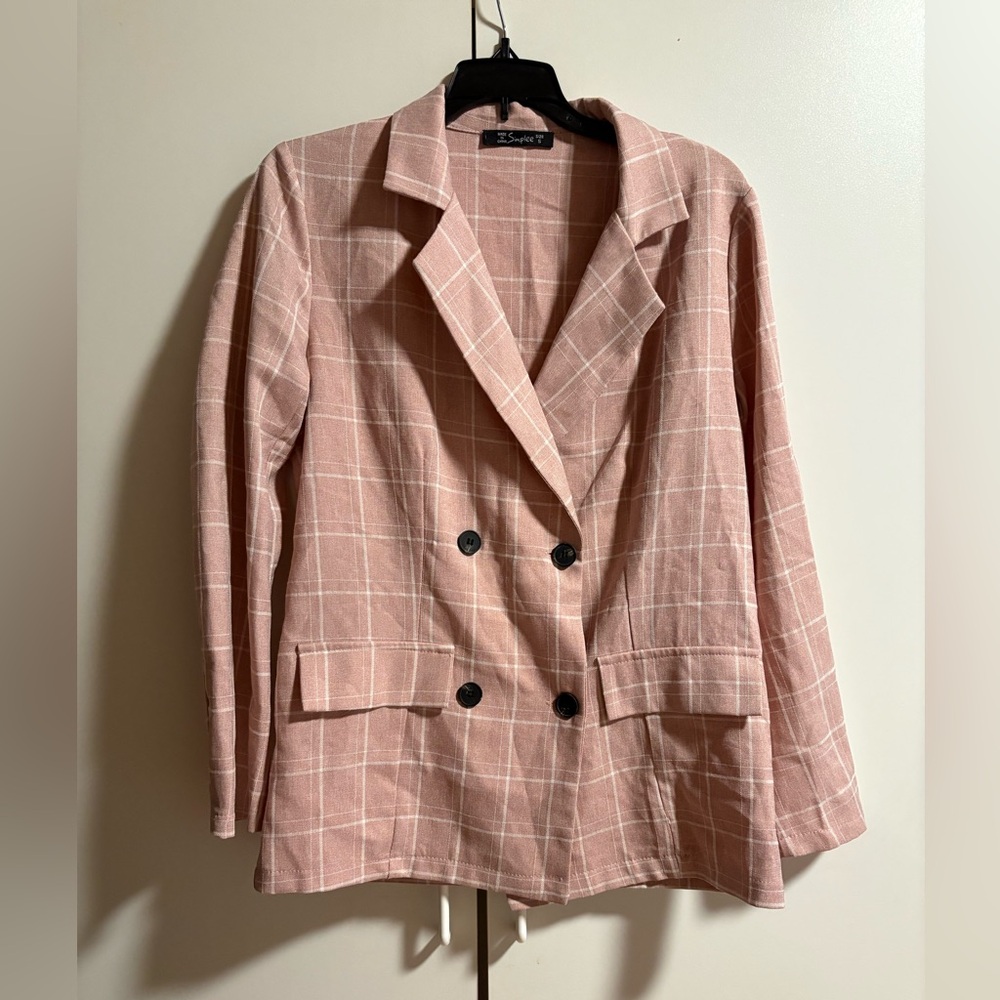 Simple Women's Blush Plaid Double-Breasted Jacket - Picture 2 of 9